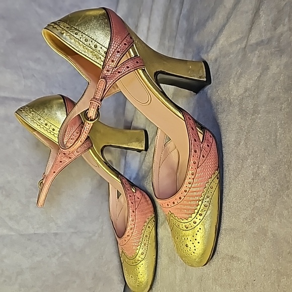 Miu Miu Gold Peach Pink Coral Orange Round Mary Jane Leather Heel Wedge Sz.40 - Picture 8 of 8